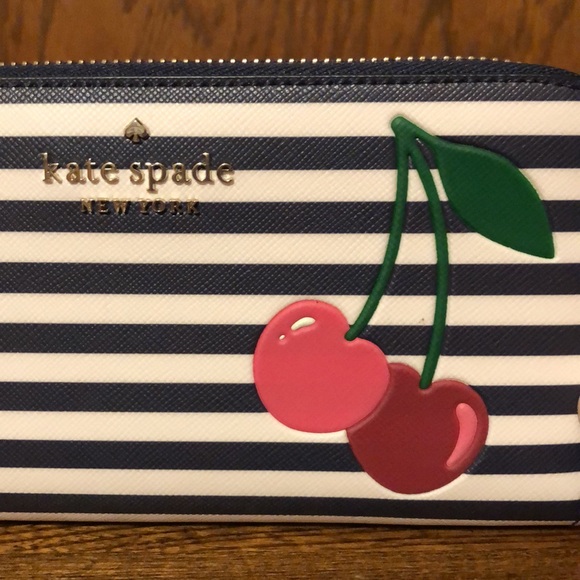 NWT-Kate Spade-SET-Bing Cherry🍒Large Striped Bifold Wallet & Cherry🍒Charm-$328 - Picture 3 of 16